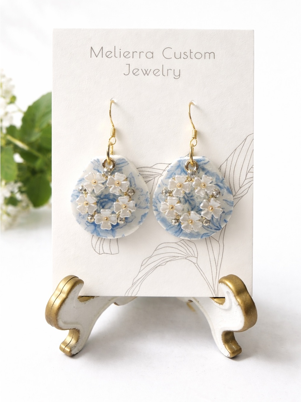 Blue Floral Drop Earrings with Gold Hooks